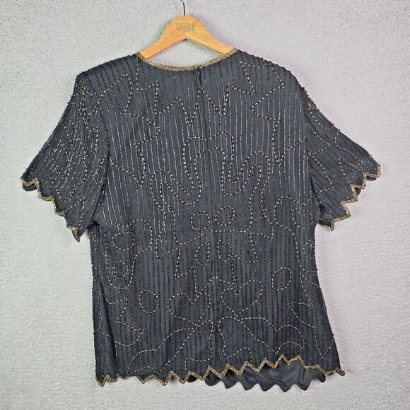 Stenay 3X silk beaded top metallic scalloped black holiday party bling festival - Picture 2 of 16